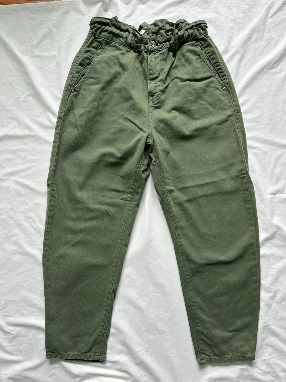 Zara Green Paperbag Waist Tapered Pants - Picture 1 of 9